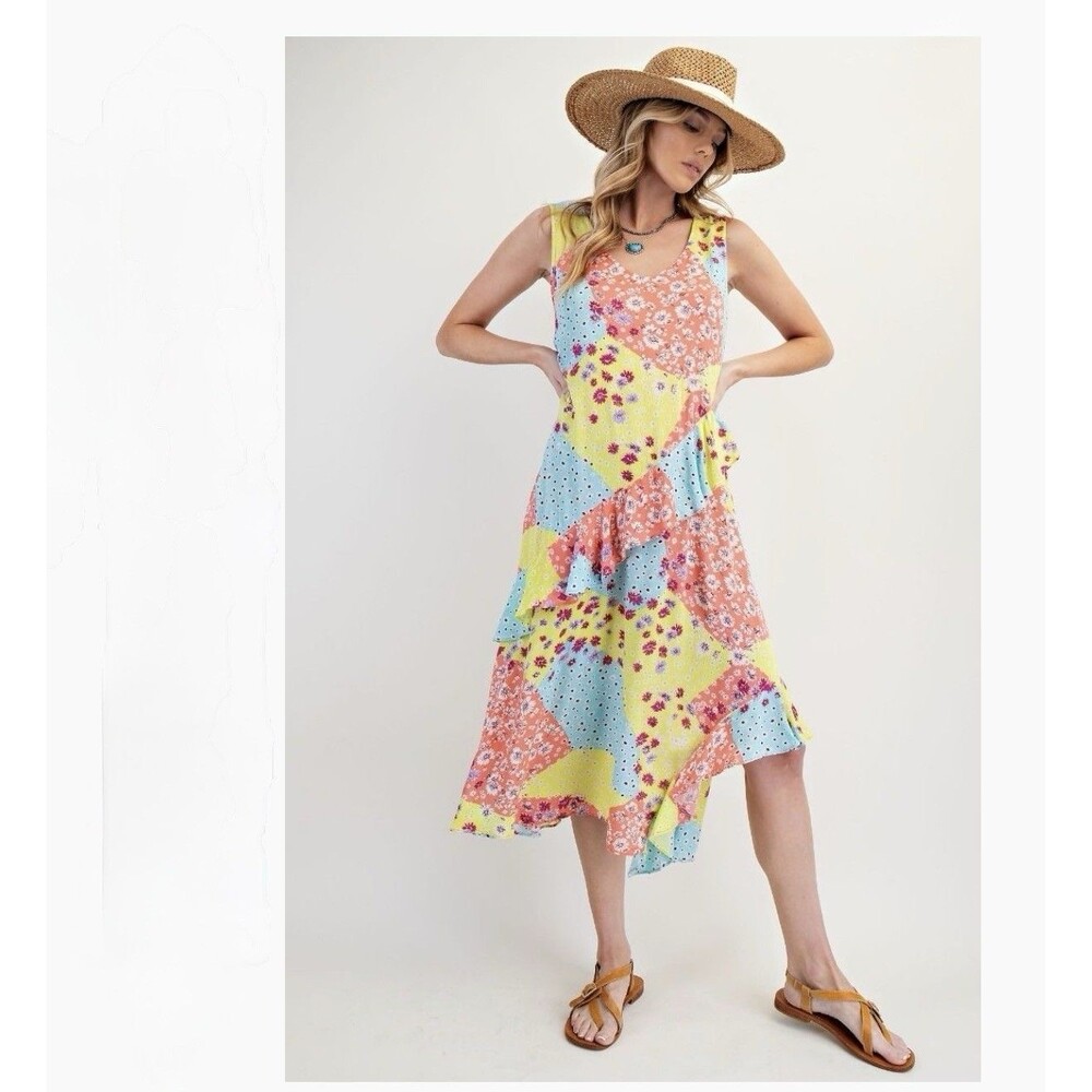 Easel Dress Patchwork Print Sleeveless Midi Boho Floral Flowy Ruffle Sz L NEW